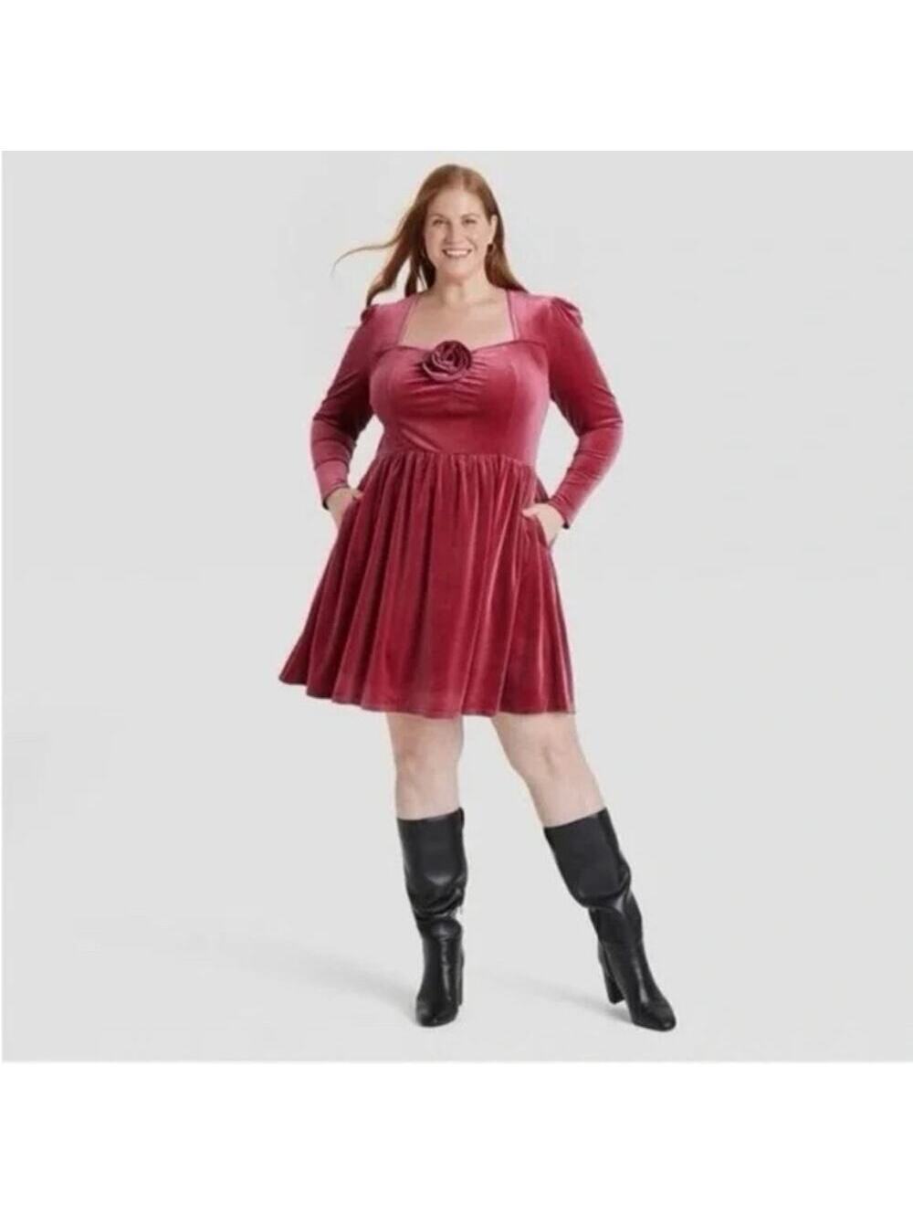 Ava + Viv NWT Women's Long Sleeve Red Rosette Midi A-Line Velvet Dress 1X